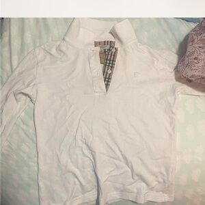 Burberry White Long Sleeve Polo Top with Signature Check Trim